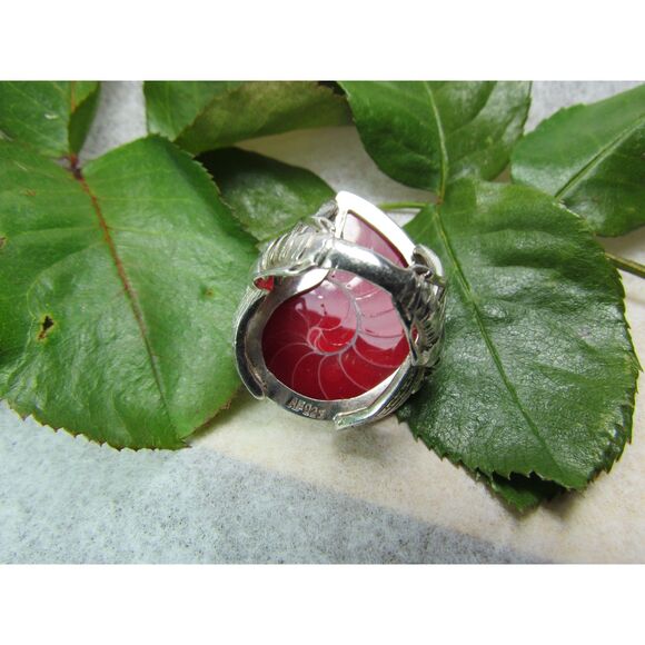 Handmade Red and White Nautilus Shell with Two Sterling Silver Dragonflies Ring - Picture 9 of 11